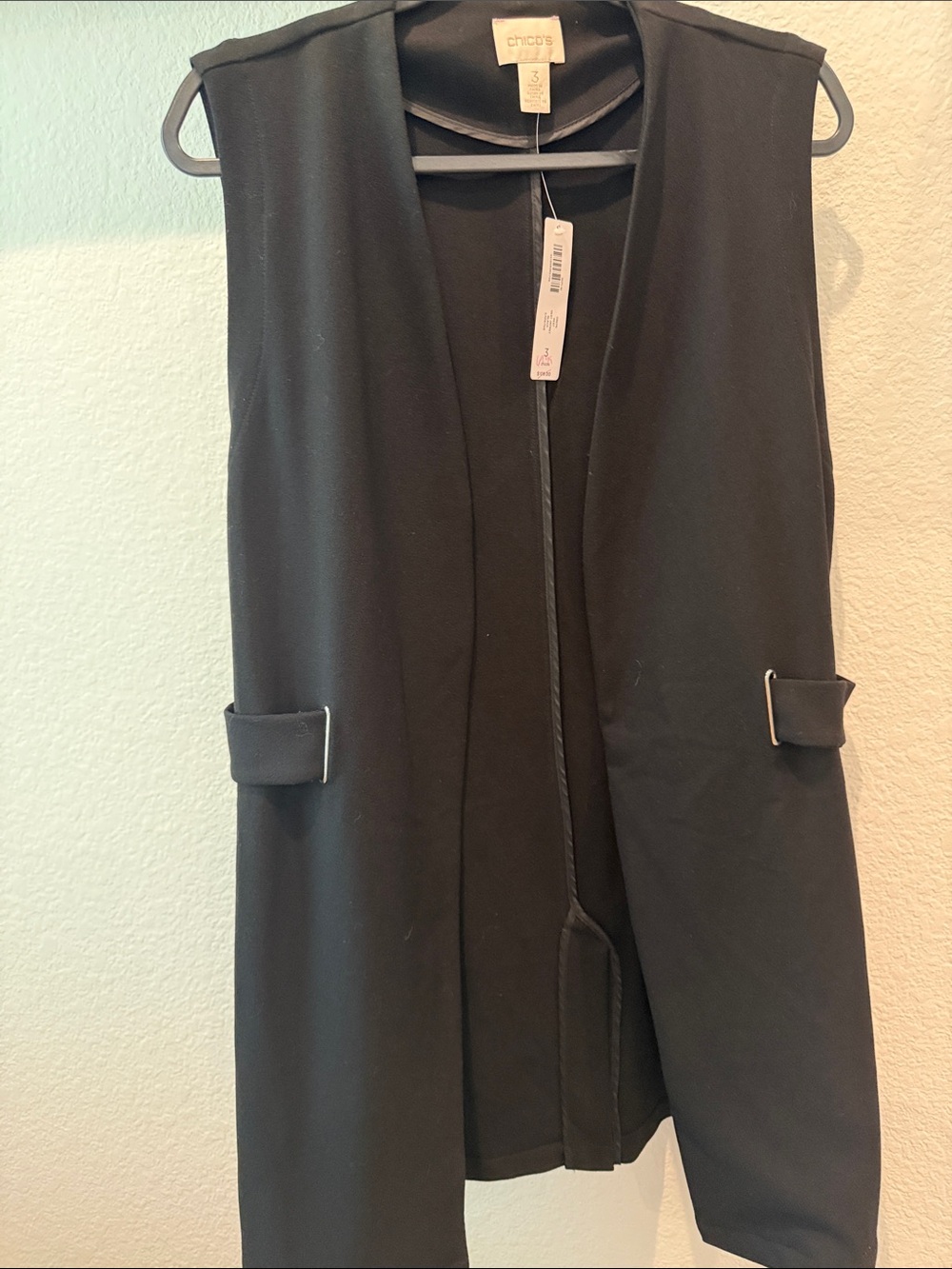Chico's Black Sleeveless Long Vest with Pocket Tab Details